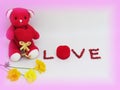 Red teddy bear sit hold the red heart with LOVE lettering made of red seeds and red box of the ring with flowers on sweet color b