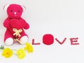 Red teddy bear sit hold the red heart with LOVE lettering made of red seeds and red box of the ring with flowers on white backgrou