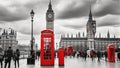 Red telephone booth and Big Ben in London, England, the UK. People walking in rush. The symbols of London in black on white. Royalty Free Stock Photo
