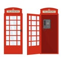 Red telephone booth with open door, color vector isolated cartoon-style illustration Royalty Free Stock Photo