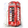 Red telephone box. The city and architecture of London. Watercolour isolated illustration on white background. Postcard