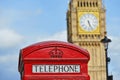 Red Telephone Box with the Clock Tower of Big Ben in London Royalty Free Stock Photo