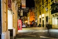 Red telephone box on Republic Street Valletta Malta by night