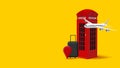 red telephone London box with plane and suitecase, 3d render illustration, british trip