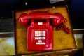 red telephone on wooden background, in Lisbon Capital City of Portugal