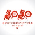 Red template 2020 with a cute cartoon rats and floral pattern. Chinese New Year of the Rat. Happy New Year. Wise Rat 2020.