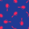 Red Tennis racket with ball icon isolated seamless pattern on blue background. Sport equipment. Vector Royalty Free Stock Photo