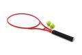 Red tennis racket with two balls isolated on white Royalty Free Stock Photo