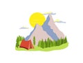 Red tent with forest and blue mountains in the background, sun, clouds. Simple flat design illustration isolated on whte backgroun