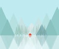 Red tent in the forest. Landscape with mountains reflection in the lake waters - illustration