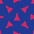 Red Test tube and flask chemical laboratory test icon isolated seamless pattern on blue background. Laboratory glassware Royalty Free Stock Photo