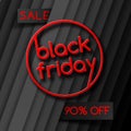 Black Friday Sale 90% off red text on a black background line stripe pattern Creative design element for banner poster
