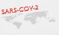 Red text `SARS-COV-2` placed above world map. Concept art of pandemic situation of coronavirus 2019-nvoc, COVID-19, SARS-COV-2 Royalty Free Stock Photo