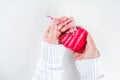 Red textile heart in girls hands from above Royalty Free Stock Photo