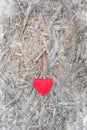 Red textile heart hanging on ice covered background, Valentine`s Day greeting concept Royalty Free Stock Photo