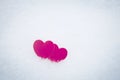 Red textile heart on snow, close up photo, romantic, love background for Valentine`s day