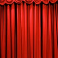 Red theater curtains with beautiful pleats. Background with velvet curtain.