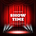 Red theater curtains, broadway casino background. Showtime award, cinema star lights, luxury open show hall. Drapery and Royalty Free Stock Photo