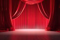 Red Theater or opera curtains. Round spotlight on the stage with wooden floor Royalty Free Stock Photo