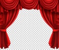 Red theatre curtain. Realistic scene portiere on transparent background, cinema or circus drape luxury silk or velvet Royalty Free Stock Photo