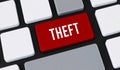 Red theft button on computer keyboard. Concept of digital asset stealing, cyber crime and personal data security Royalty Free Stock Photo
