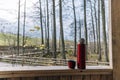 Red thermos bottle with cup in wooden house on background of wwoden trail