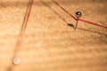 Red thread connects pins on cork board is macro, soft focus Royalty Free Stock Photo