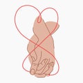 Red thread of fate that connects the hands of lovers. Couple holding hands. Red thread of fate in the shape of a heart. Two hands