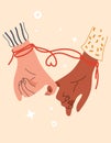 Red thread of fate tied little fingers of two. String Pinky Promise, Eastern Tradition for Valentine Day. Hands of Royalty Free Stock Photo