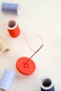 Multi colored thread spools, needle and red button Royalty Free Stock Photo