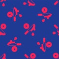 Red Thriller movie icon isolated seamless pattern on blue background. Bloody knife. Suspenseful cinema genre, survival