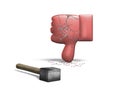Red thumb down with hammer, 3D rendering Royalty Free Stock Photo