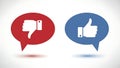 Red thumbs down and blue thumbs up speech bubbles on white background approval communication Royalty Free Stock Photo