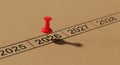 Red thumbtack marking a future year on a timeline Royalty Free Stock Photo
