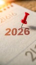 Red thumbtack marks the year 2026 on a calendar Royalty Free Stock Photo