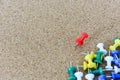 Red thumbtack pinned on cork board, copy space Royalty Free Stock Photo