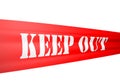 Red ticker tape saying keep out on white background