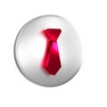 Red Tie icon isolated on transparent background. Necktie and neckcloth symbol. Silver circle button.