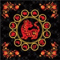 red tiger with ethnic Russian painting, symbol, vector illustration