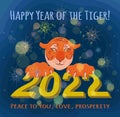 2022 with red tiger head and paws with claws. Hand drawing tiger illustration vector.