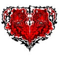 Red tiger heart. Two heart shaped tigers looking in different directions.