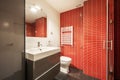 Red tiled toilet on several walls with glossy gray bathroom cabinet, frameless mirror on the wall and white radiator towel rail on Royalty Free Stock Photo