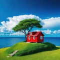 A red tiny house sitting on top of a small
