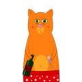 Red tired cat with a glass and a bottle of wine in his hands. Cute cartoon character. Print for a T-shirt. Vector Royalty Free Stock Photo