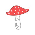 Red toadstool, inedible mushroom, fly agaric in vector style doodle illustration isolated on white background