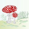 Red toadstool Mushroom Amanita Fly Agaric with green grass autumn background vector illustration editable