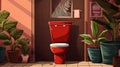 Red toilet commode in a bathroom with plants illustration AI Generated