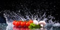 Red tomato cherry, mushrooms and green fresh salad with water drop splash Royalty Free Stock Photo