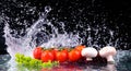 Red tomato cherry, mushrooms and green fresh salad with water drop splash Royalty Free Stock Photo