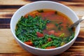 Red tomato with endive soup bowl, simple, cheap and quick food Royalty Free Stock Photo